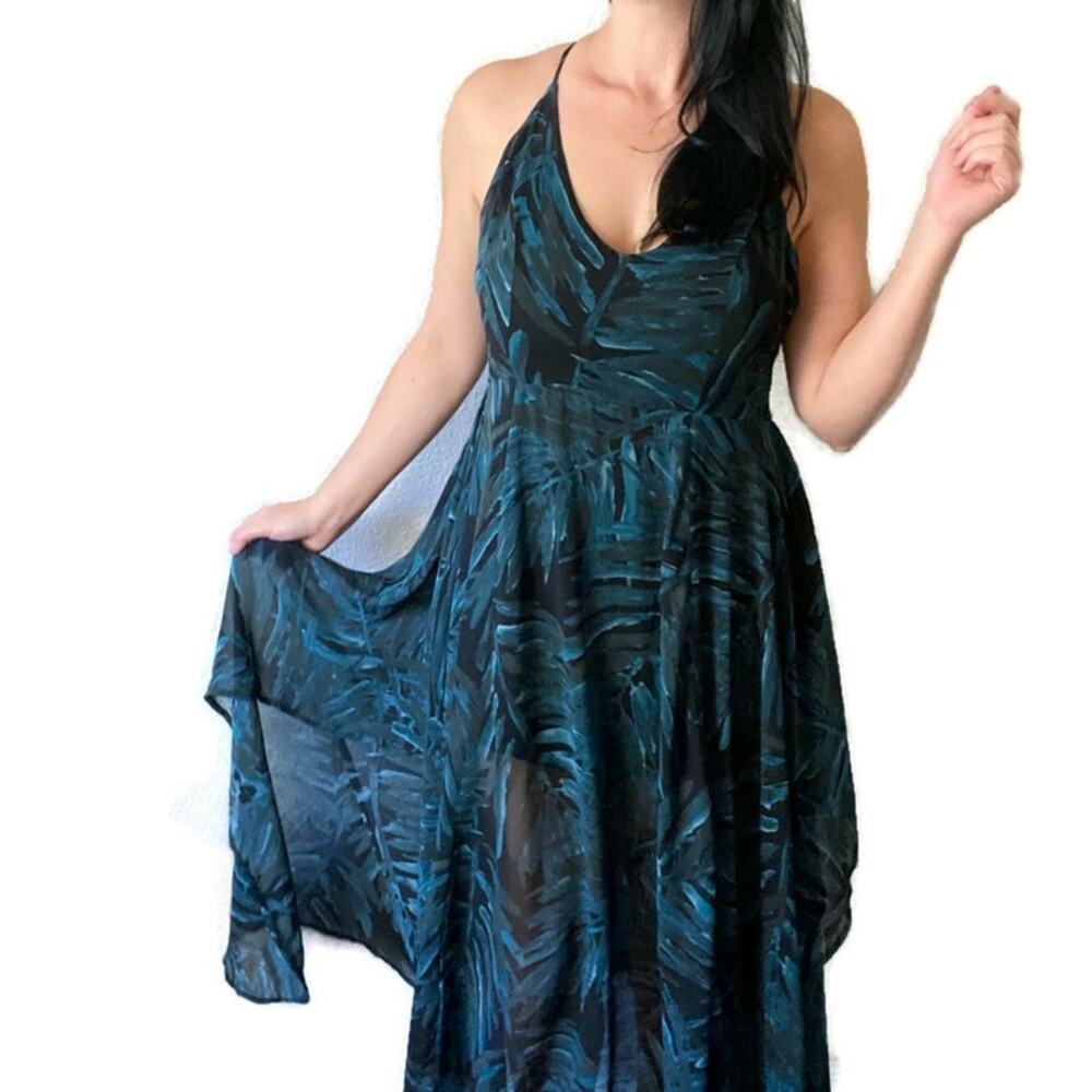 Lulu's Turtle Bay Black and Teal Green Handkerchief Dress Size XL